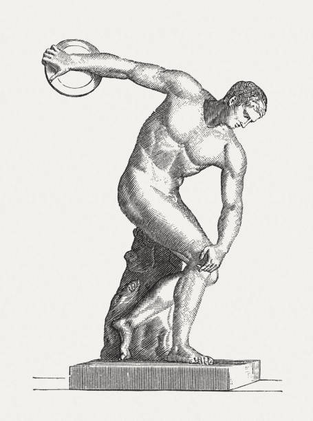 원반던지기 던지는 사람, 앤시언트 조각, 출간일 1881 - field event stock illustrations