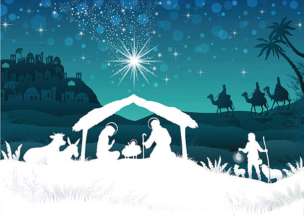 White Silhouette Nativity scene with Magi Nativity Scene with the Holy Family and the Magi of Oriental Landscape-transparency blending effects and gradient mesh-EPS10 nativity scene stock illustrations