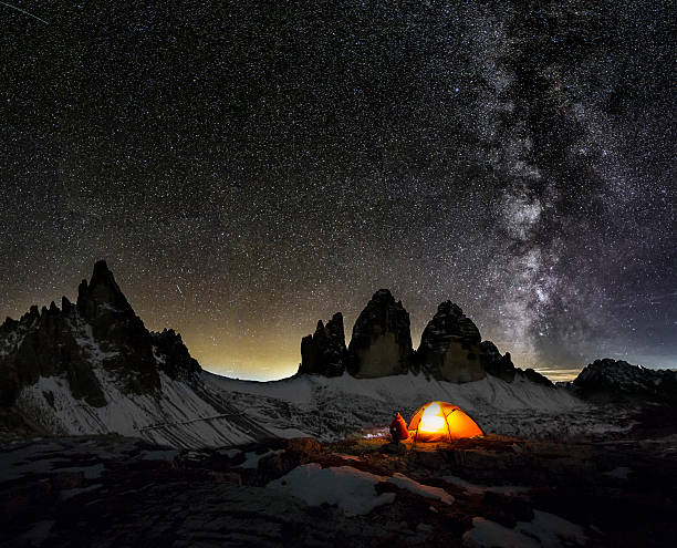 Loneley Camper under Milky Way at the three Pinnacles