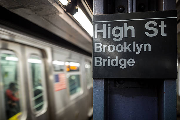 istock High Street Brooklyn Bridge Sign in Subway Train, NYC 496316978