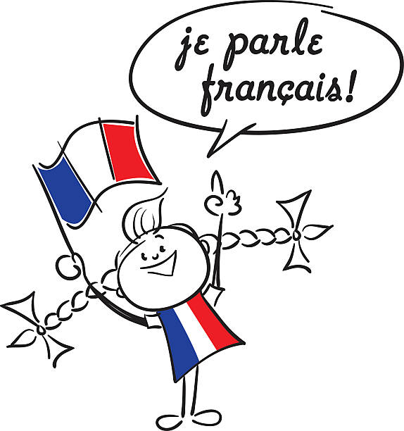 I speak French Vector Illustration cartoon of a little girl with a bubble speech speaking in french language. french currency stock illustrations