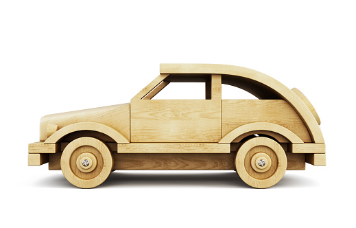 Wooden car side view isolated on white background. 3d illustration.