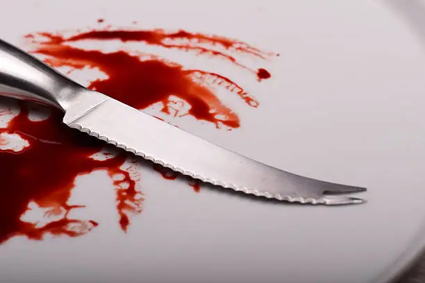 A knife on white dish with blood
