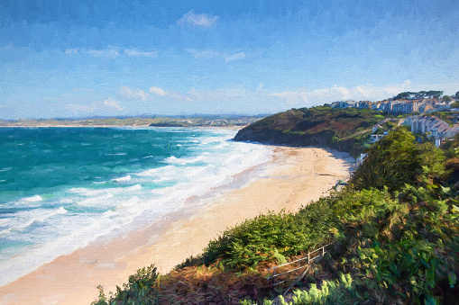 Carbis Bay Cornwall England near St Ives and on the South West Coast Path with a sandy beach and blue sky on a beautiful sunny day illustration like oil painting