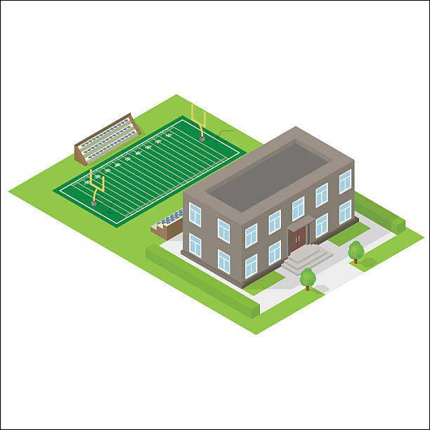 School isometric icon School with American football field isometric icon american football field dimensions stock illustrations