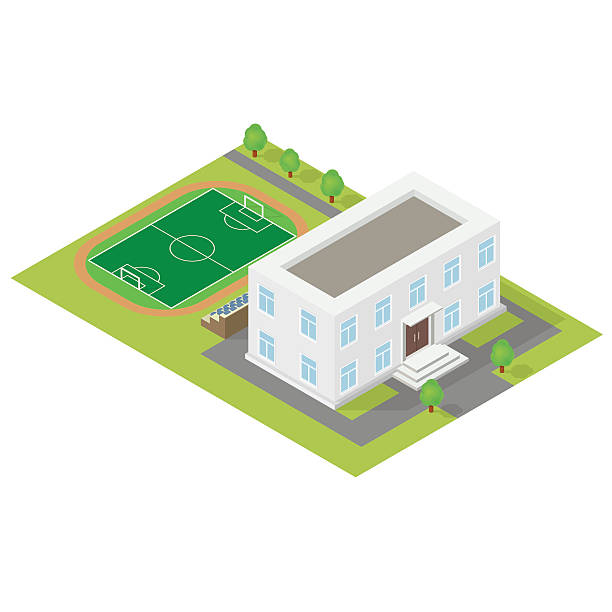 School isometric icon School with European football field isometric icon american football field dimensions stock illustrations