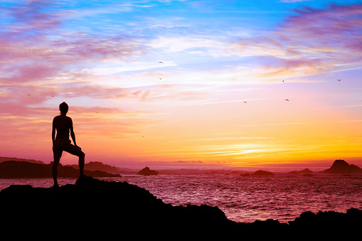 silhouette of person enjoying beautiful sunset with view of ocean