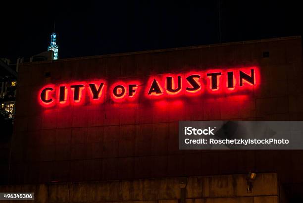 City Of Austin Glowing Red Stock Photo - Download Image Now - Austin - Texas, Sign, Downtown District
