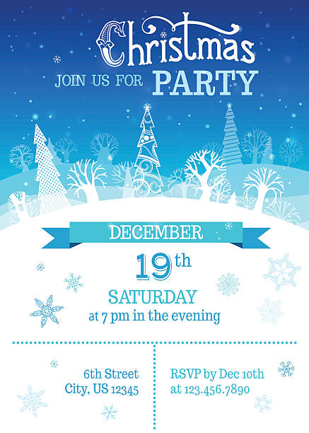 Merry Christmas party template. Snowflakes, hand-written text, ornate firs and deciduous trees on blue winter landscape. There are places for your text on white area and in the sky. white background sign snow winter stock illustrations