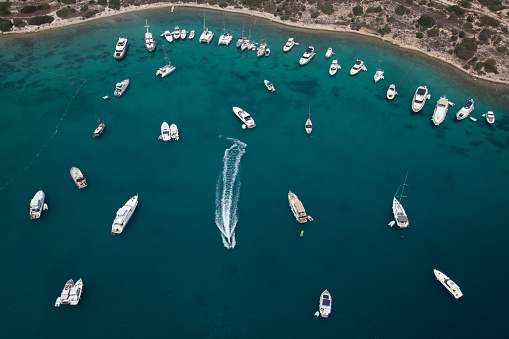 aerial aegean bay in Cesme, İzmir  with yachts anchored
