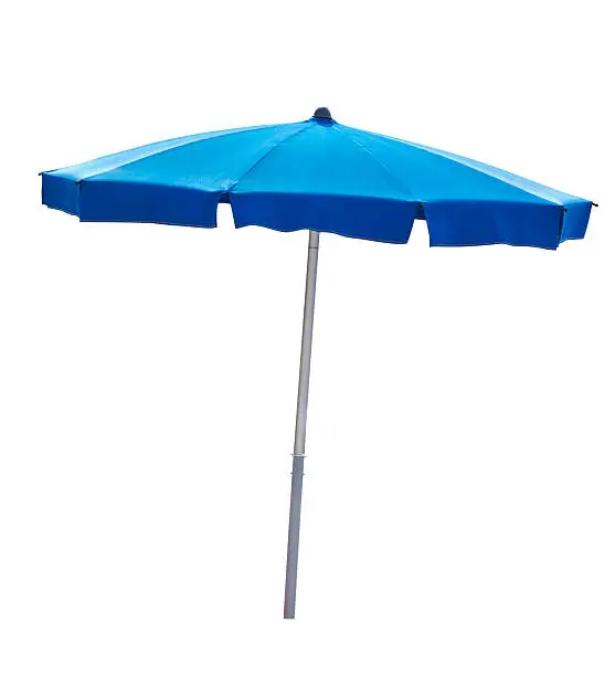 Blue beach umbrella isolated on white with clipping path