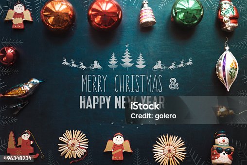 istock christmas background with traditional decoration on blackboard with chalk illustrations 496348234