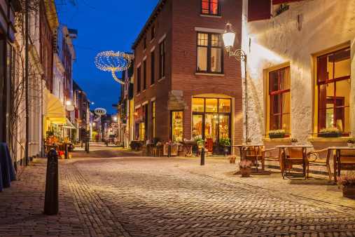 Evening view of the famous Walstraat in the Dutch historic city centre of Deventer