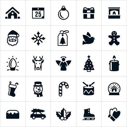 Icons associated with the Christmas holiday. Icons include a santa claus, ginger bread house, ornament, gift, fireplace, gift tag, snowflake, dove, Christmas lights, reindeer, angel, Christmas tree, stocking, snowman, snow globe, holly and others.