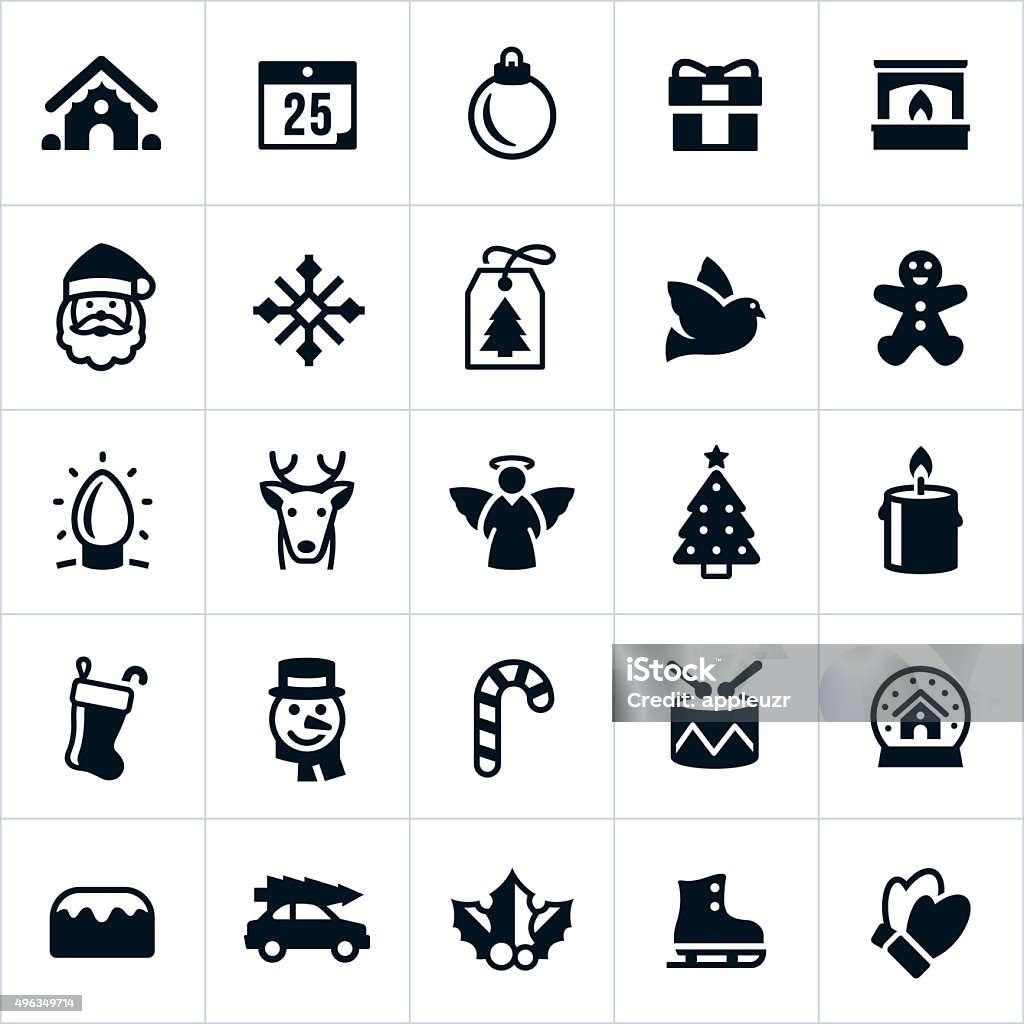 Christmas Holiday Icons Icons associated with the Christmas holiday. Icons include a santa claus, ginger bread house, ornament, gift, fireplace, gift tag, snowflake, dove, Christmas lights, reindeer, angel, Christmas tree, stocking, snowman, snow globe, holly and others. Icon Symbol stock vector