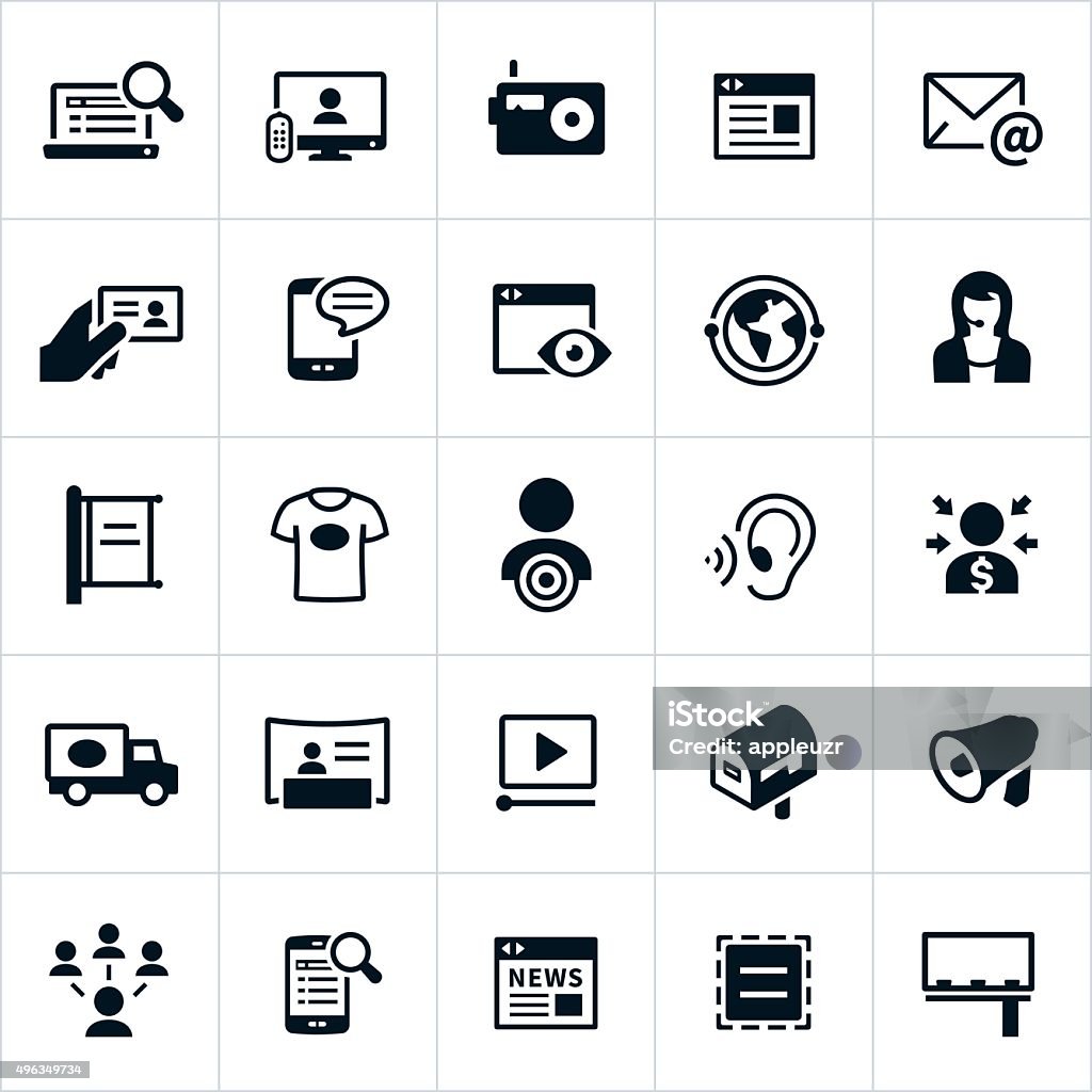 Advertising Methods Icons Icons representing common advertising methods. The icons include television, radio, internet, online, email, business card, blogging, telemarketing, banner, t-shirt, word of mouth, trade show, video, direct mail, social media, billboard and more. Junk Mail stock vector