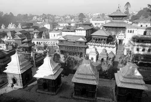 Black and white view of Pashupatinath - hindu temple situated on the bank of holy Bagmati River in Kathmandu