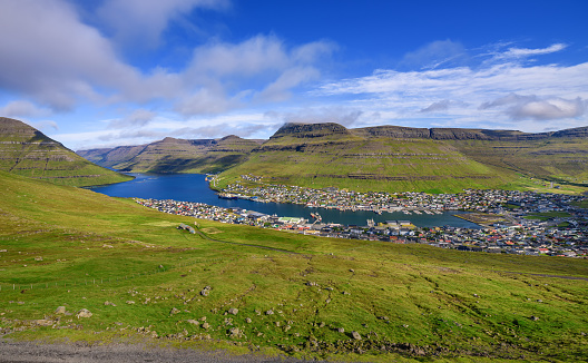 Panoramic view of the city of Klaksvik on Bordoy island, Faroe Islands, Denmark
