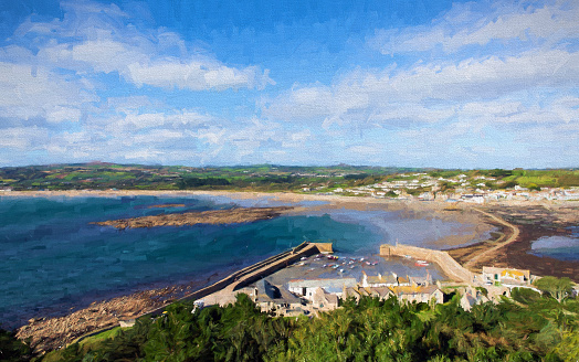 View of the cornish coast from St Michaels Mount Marazion Cornwall England uk medieval castle and church on an island illustration like oil painting