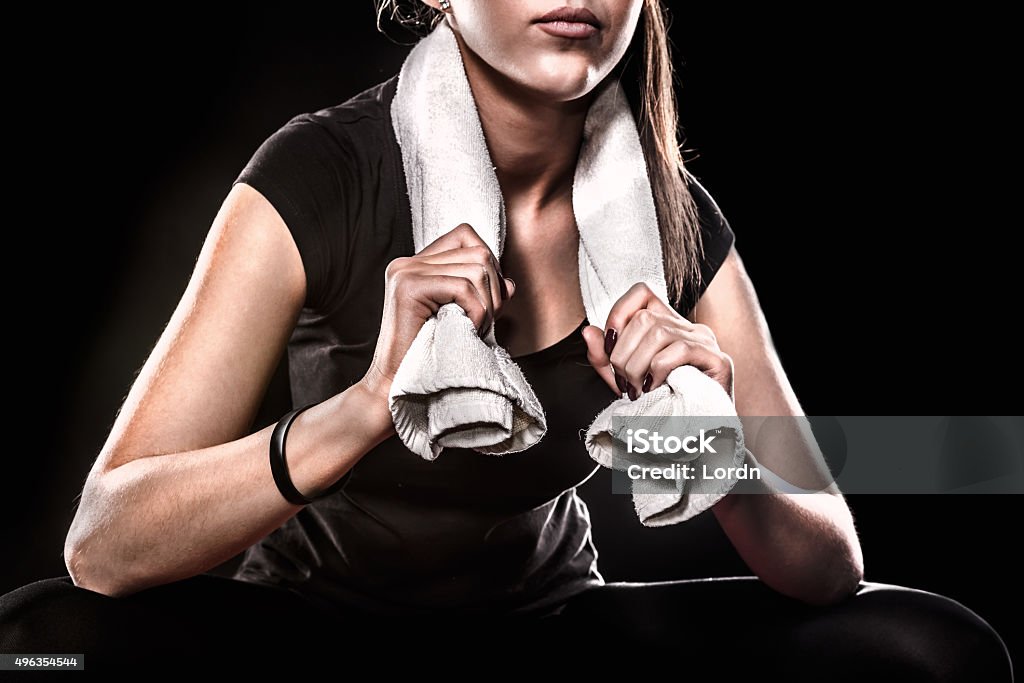 Fitness Girl With Towel On Black Background Detail Power Fitness Girl With Towel On Black Background Towel Stock Photo