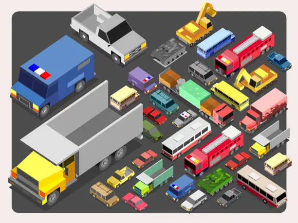 Vector illustration of Various Automobiles, Trucks, Buses.vehicle Isometric Vector Illustration