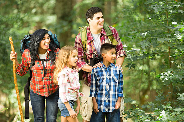 istock Multi-ethnic family hiking, backpacking outdoors in national park area. 496354876