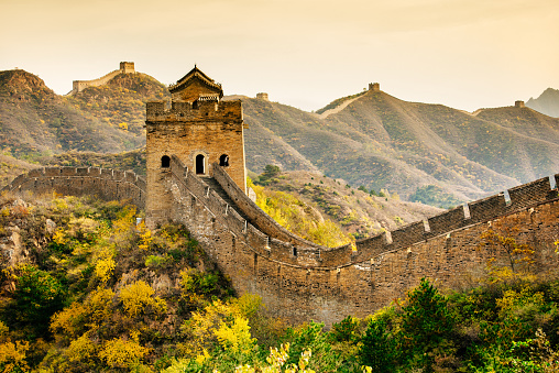 The part of the Great Wall of China built on the mountains against the blue sky