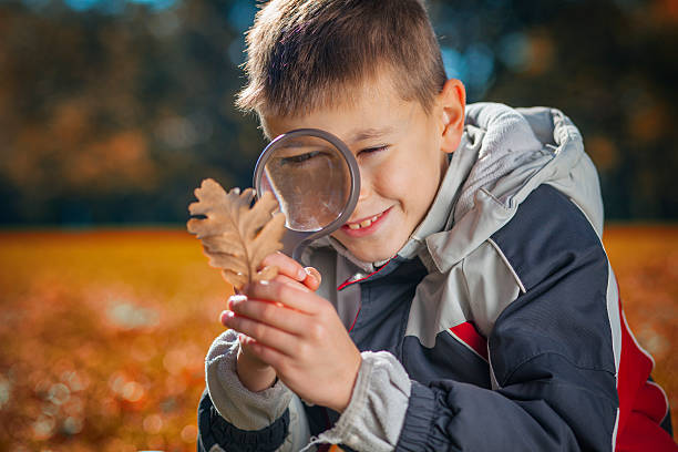 istock Cute boy discover nature through magnifier 496355954