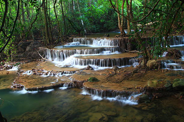 Huay Mae Khamin Waterfall in Kanchanaburi Thailand stock photo