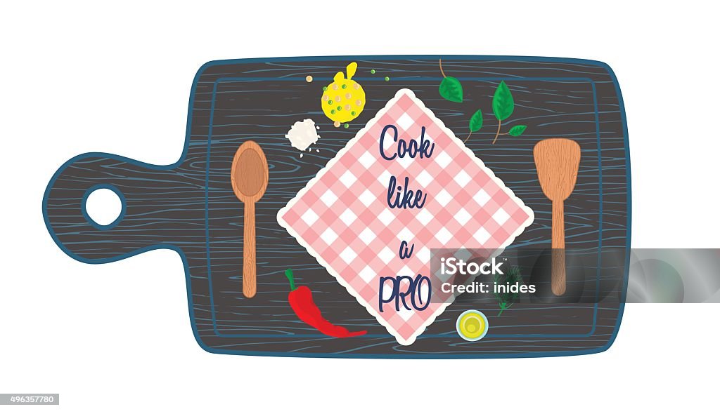 Cooking in kitchen top view banner text space. Cutting board Cooking in kitchen top view banner text space. Food and utensils on wooden blue cutting board - spatula, spoon, towel, vegetables, spices, herbs. 2015 stock vector