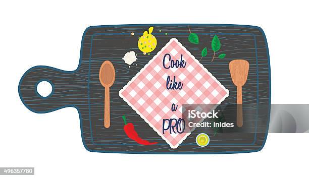 Cooking In Kitchen Top View Banner Text Space Cutting Board Stock Illustration - Download Image Now