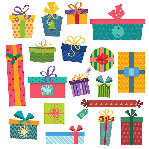 bunte geschenk-boxen mit bögen und bänder vektor-set - weihnachtsgeschenke stock-grafiken, -clipart, -cartoons und -symbole