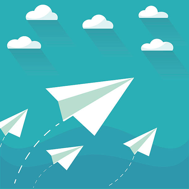 Flying paper planes on the blue sky with clouds Flying paper planes on the blue sky with clouds. Career, growth or leadership concept. Travel, vacation, holidays or migration concept. Air mail, post letter, delivery service or e-mail vector concept sending money stock illustrations
