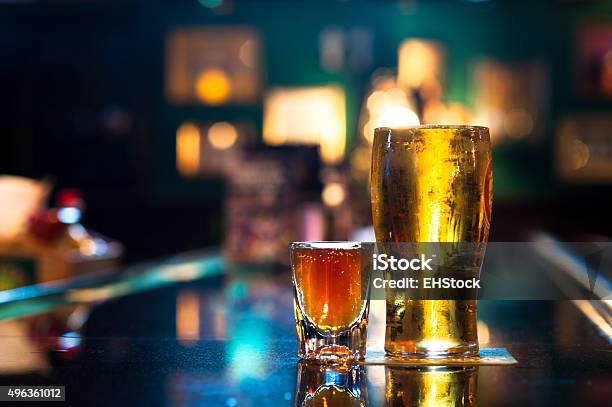 Pint Of Beer And Shot Of Whiskey On Bar Stock Photo - Download Image Now - Beer - Alcohol, Shot Glass, Taking a Shot - Sport