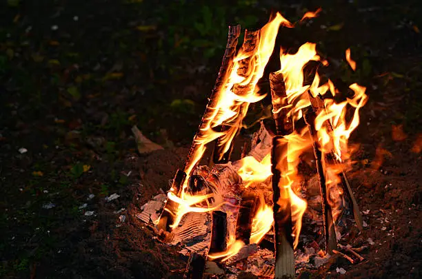 Bonfire lit on Lag Ba'Omer Jewish Holiday. Horizontal