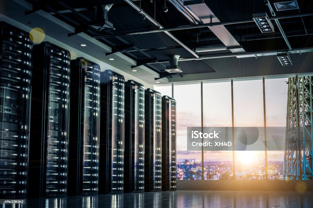 Network servers racks with skyline The City's Brain-Data center in the City.the high view from cooling equipment and network servers racks with light,3D physically rending high quality.the City image of the background,shoot in Osaka Downtown,Japan with myself. Data Center Stock Photo