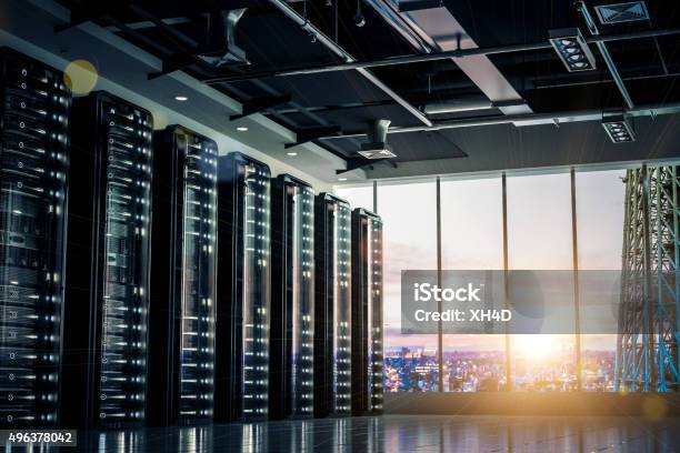 Network Servers Racks With Skyline Stock Photo - Download Image Now - Data Center, Cloud Computing, Security