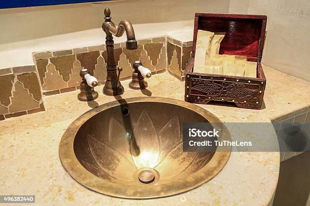 Moroccan Vintage Style Bathroom With Amenities Stock Photo - Download Image Now - 2015, Architecture, Copper