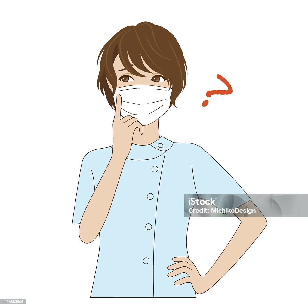 Thinking female dental assistant A thinking young female dental assistant with surgical mask in light blue uniform 2015 stock vector