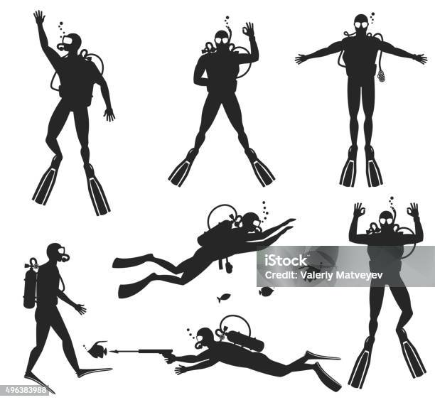 Scuba Diver Silhouettes Diving Silhouettes On White Background Stock Illustration - Download Image Now