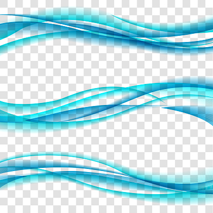 Abstract smooth color wave vector set on transparent background. Curve flow blue smoke motion illustration