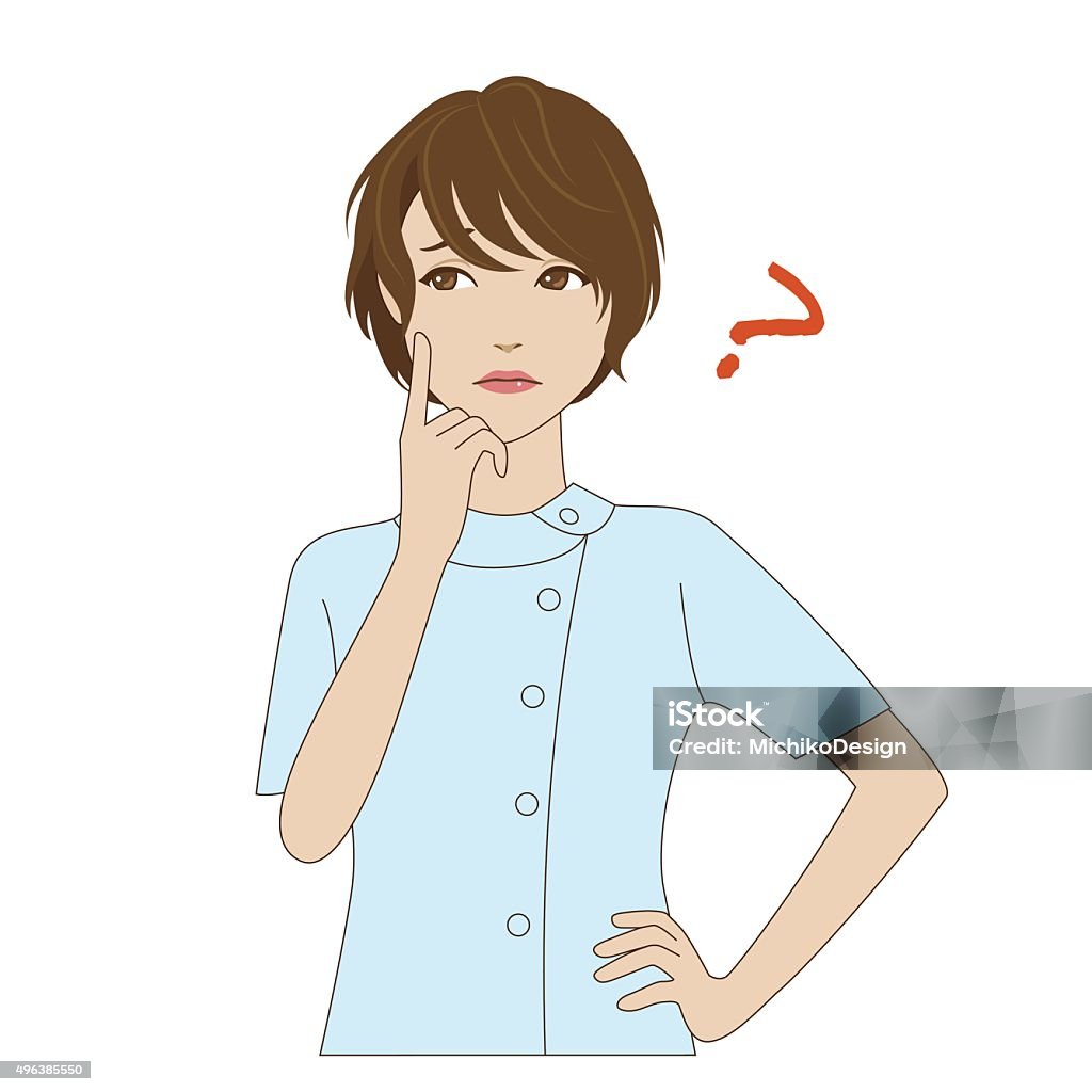 Thinking female dental assistant A thinking young female dental assistant in light blue uniform 2015 stock vector