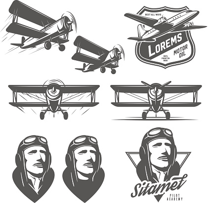 Set of vintage aircraft design elements. Biplanes, pilots, design emblems.