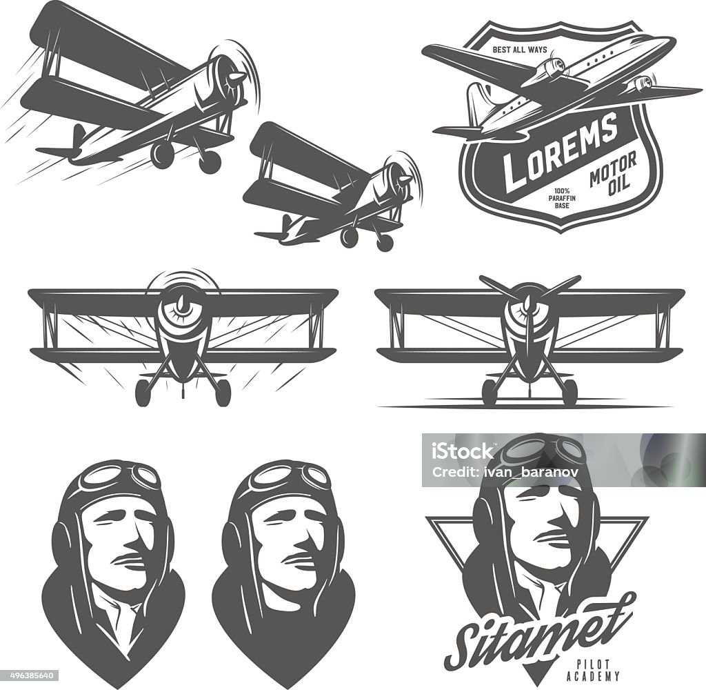 Set of vintage aircraft design elements. Biplanes, pilots, design emblems Set of vintage aircraft design elements. Biplanes, pilots, design emblems. Retro Style stock vector