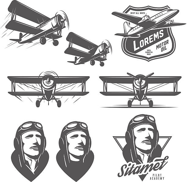 Set of vintage aircraft design elements. Biplanes, pilots, design emblems Set of vintage aircraft design elements. Biplanes, pilots, design emblems. pilot stock illustrations