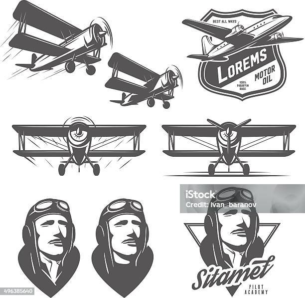 Set Of Vintage Aircraft Design Elements Biplanes Pilots Design Emblems Stock Illustration - Download Image Now