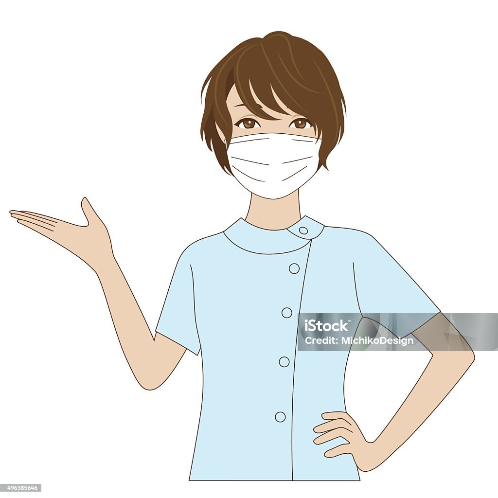 Female dental assistant putting her palm up A smiling female dental assistant with surgical mask putting her palm up 2015 stock vector