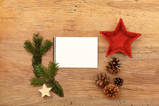 istock Notepad, fir twig and cones on wood 496387604