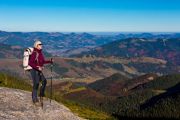 istock Hiker Staying on High Rock Mountain View with Autumnal Forest 496390670