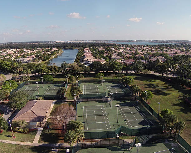 istock Suburban tennic courts aerial view 496395915